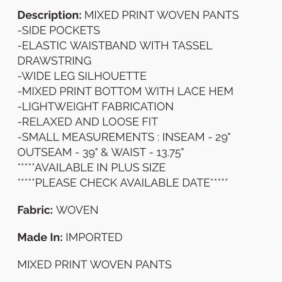 2 LEFT $45 ❤️ 267 Easel MIXED PRINT WOVEN PANTS-SIDE POCKETS